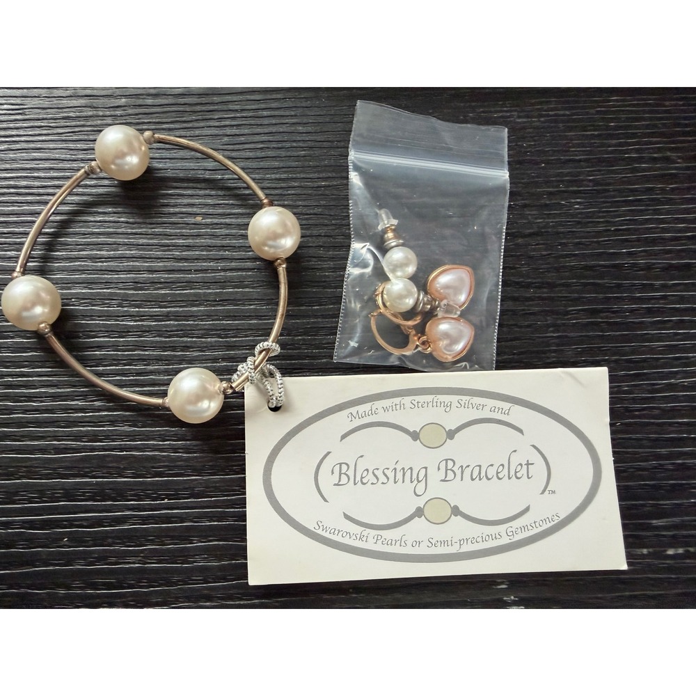 Blessing Bracelet Sterling Silver Swarovski Pearl Bangle with Earring Set NEW